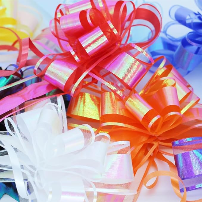 Bows for Gift Wrapping, Iridescent Colorful Pull Bow Assortment (10 Unique Colors, 6 Inches), Perfect Decoration for Gift Basket, Boxes, Birthdays, Weddings, Christmas, Easter