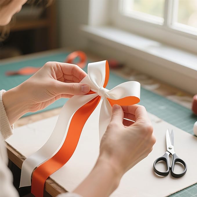 3/8 Ribbon, White & Terracotta Two-Tone Double Faced Satin Ribbon for Gift Wrapping, Flower Bouquet, Bow, Hair, Wedding, DIY Crafts, Holiday Party Decorations, 30 Yards Total