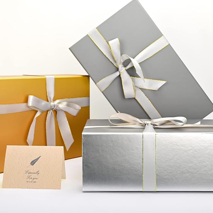 LIFELUM Gift Boxes with Lids,5 Pack 13.85 x 8.35 x 4.45 inch Silver Gift Boxes with Ribbon, Card, Shredded Paper Filler for Presents,Graduation,Christmas,Birthdays