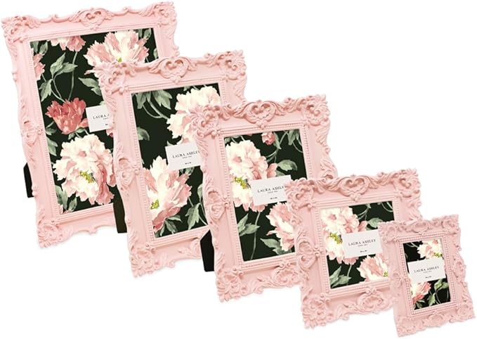 Laura Ashley 4x6 Pink Ornate Textured Hand-Crafted Resin Picture Frame with Easel & Hook for Tabletop & Wall Display, Decorative Floral Design Home Décor, Photo Gallery, Art, More (4x6, Pink)