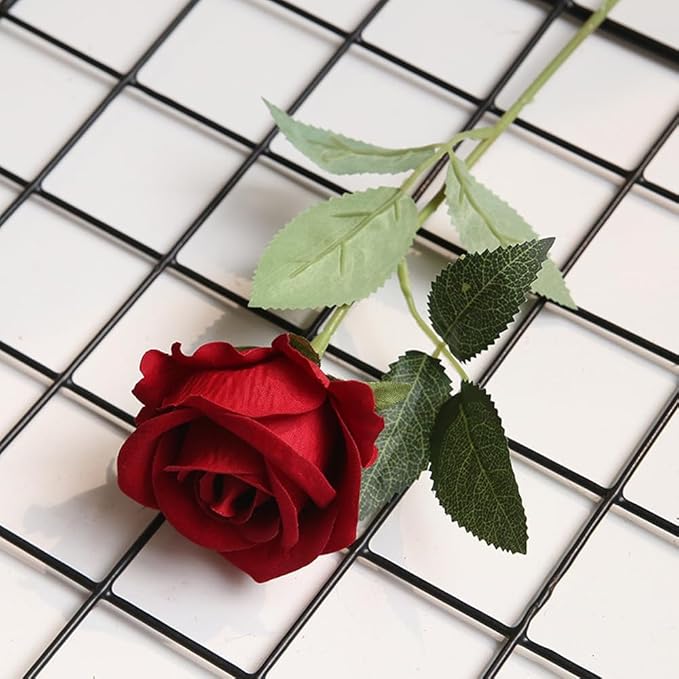 Artificial Roses 12PCS Velvet Rose Real Touch Long Stem Fake Flowers Bulk for Flower Arrangement Wedding Home Party Decor (Red)