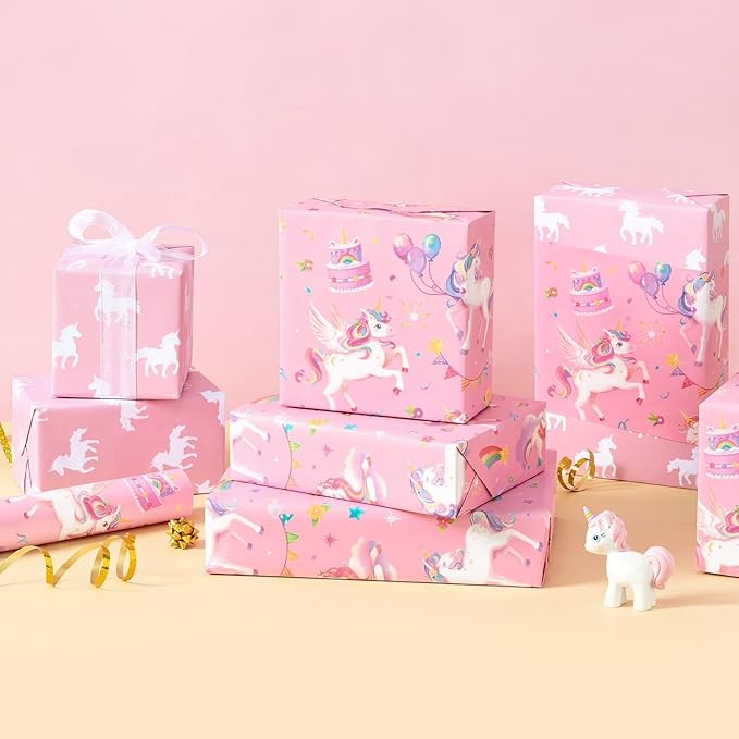 WERNNSAI Unicorn Gift Wrapping Paper - 1 Roll 17”x 33 ft Unicorn Birthday Wrapping Paper Pink Girl Gift Packing Supply Baby Shower Princess Theme Party Favor