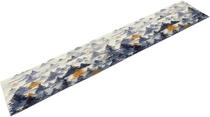 Watercolor Blue Pine Trees Table Runner, Forest Woodland Tabletop Scarf Home Kitchen Holiday Decor, Seasonal Farmhouse Rustic Dining Decorations Party Supply 13 X 60 Inch