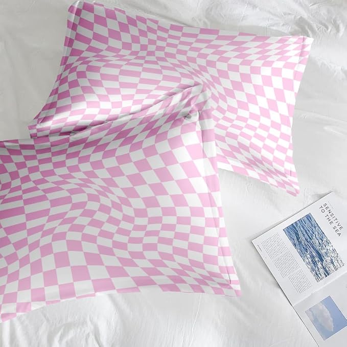 Comforter Set Queen Size, Pink Cool Geometric Plaid 7 Pcs Bedding for Kids and Adults, Chess Checkered Baby Bed Sheet Sets with Fitted Sheet 2 Pillowcase & 2 Sham for Bedroom Bed Decor