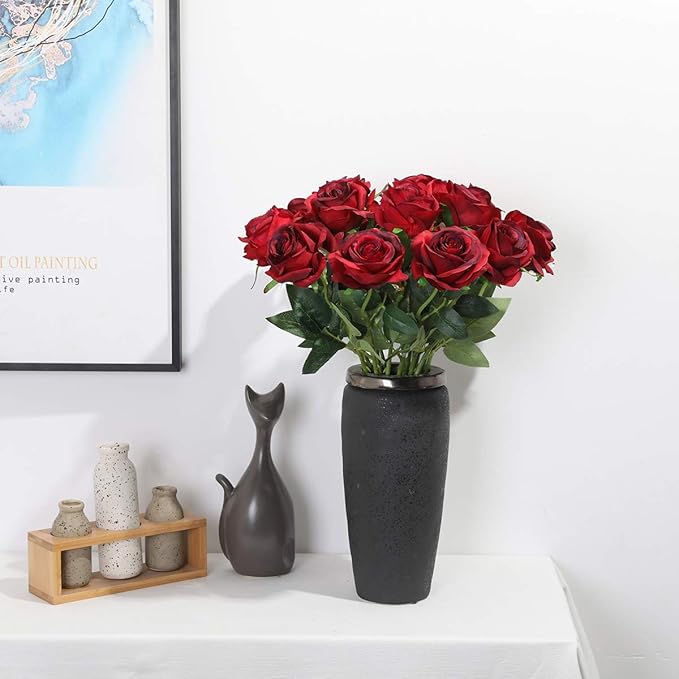 Tifuly Red Roses Artificial Flowers - 12 pcs Realistic Long Stem Fake Roses Faux Silk Flowers for DIY Bouquets Wedding Centerpieces Arrangements Home Party Decor(Burgundy)