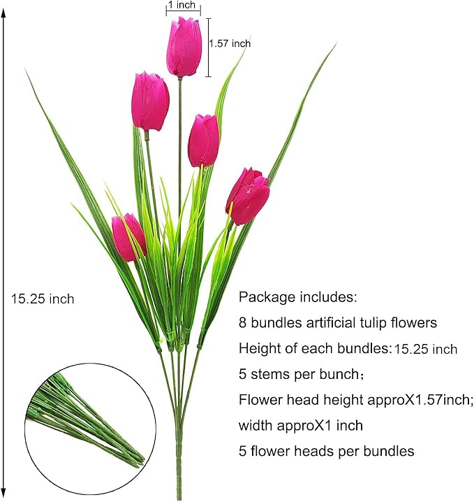 8 Bundles Outdoor Artificial Tulips Fake Flowers UV Resistant Faux Plastic Greenery Shrubs Plants for Home Outside Garden Porch Window Farmhouse Decor (Rose Red)