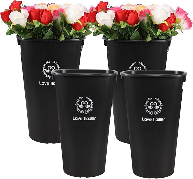 4-Pack 16 Inch Plastic Flower Buckets for Flower Bar, Plastic Vases Flower Display Buckets, Black