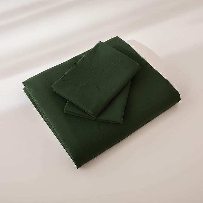 JIYUAN 100% Washed Cotton Duvet Cover Set 3 Pieces King, 1 Duvet Cover 104x90 Inches(Comforter Not Included) and 2 Pillowcases,Linen Feel Bedding Set Comfy and Breathable,Forest Green