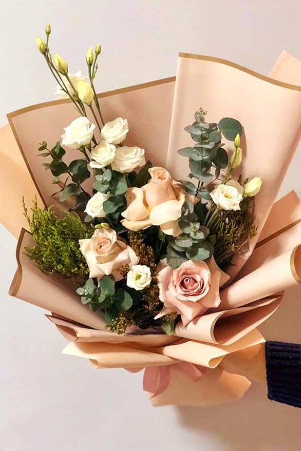 WRAPAHOLIC 20 Sheets Flower Wrapping Paper - 22.4 x 22.4 inch Cream Champagne with Gold Edge Water-Resistant Floral Bouquet Wrapping Paper, Florist Supplies Packaging Paper for Wedding Birthday Gift