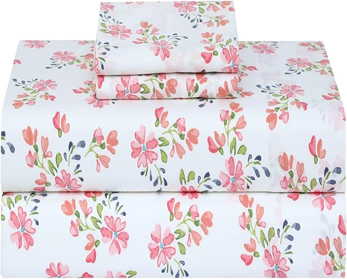 RUVANTI 100% Cotton King Size Sheets Set, 4 Pieces, Soft & Breathable Percale Weave Bedding, Deep Pocket 16", Hotel Standard, Crisp Cool Feel, Durable, Perfect Floral Bed Sheet, Bloomex