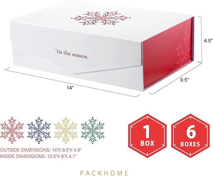 PACKHOME 6 Large Christmas Gift Boxes with Lids 13.5x9x4.1 Inches, Sturdy Collapsible Gift Boxes with Magnetic Closure (Red Snowflake Pattern)