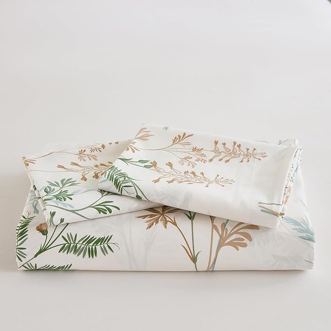100% Cotton Duvet Cover King Size Ultra Soft Green Floral Comforter Cover with Luxurious Tan & Green Leaves on White, Reversible Lightweight Floral Duvet Cover Sets