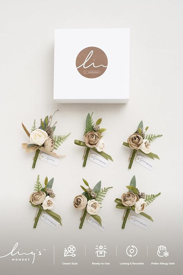Ling's moment Boutonniere for Men, 6pcs Groom Groomsmen Boutonniere, Artificial Flowers for Wedding Decor/Prom/Homecoming, etc.Brown