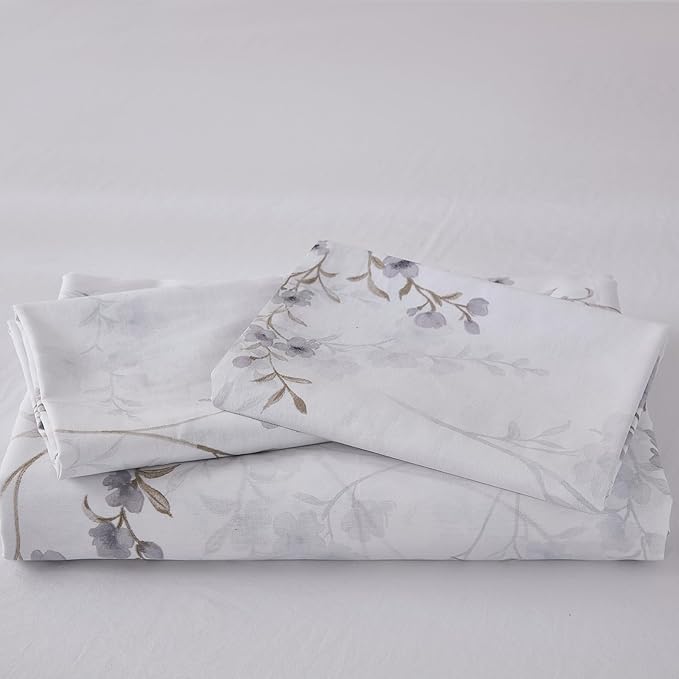Floral Duvet Cover Queen Size - 100% Nature Cotton Reversible Grayish Flower Bedding Set with Zipper Closure, 3 Pieces Soft & Breathable Beige Comforter Cover