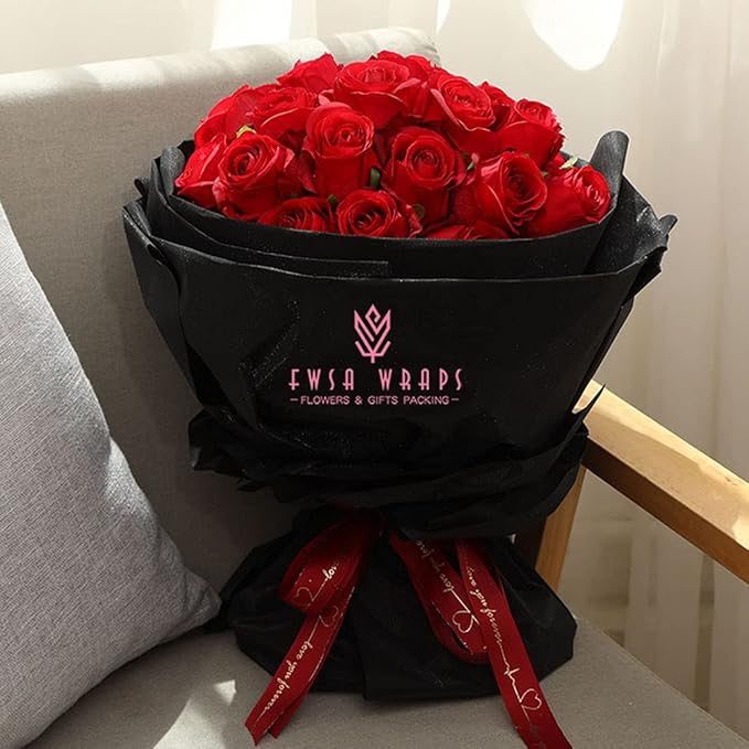 FWSA WRAPS Flower Bouquet Wrapping Paper Black 40 Sheets Waterproof Glitter Floral Wrapping Paper Sheets Handmade DIY Rose Flowers Gift Packaging Material 22.8X22.8 Inches (COLOR 1)