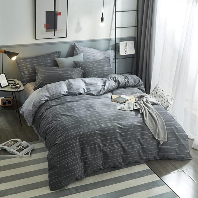 Striped Comforter Set King Size Grey Striped Bedding Comforter 3 Pieces King Comforter Set 1 Stripe Comforter with 2 Pillowcases Geometric Stripes Fluffy Microfiber Comforter King for All Seasons