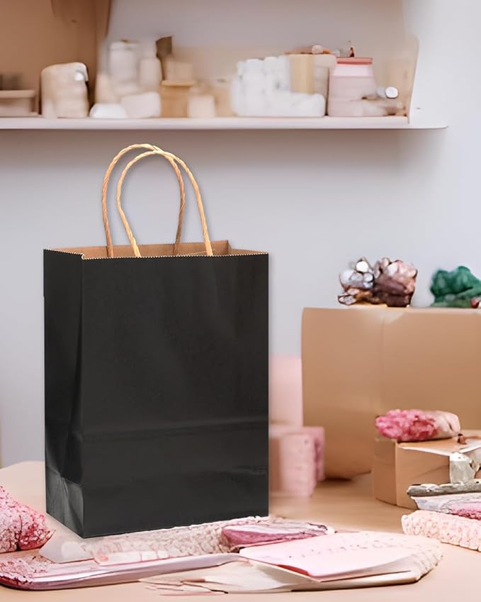 qiqee Large Kraft Paper Bags with Handles 13"x10"x5" 32 pcs Gift Paper Bag Black Solid Color Bags(Large Size)