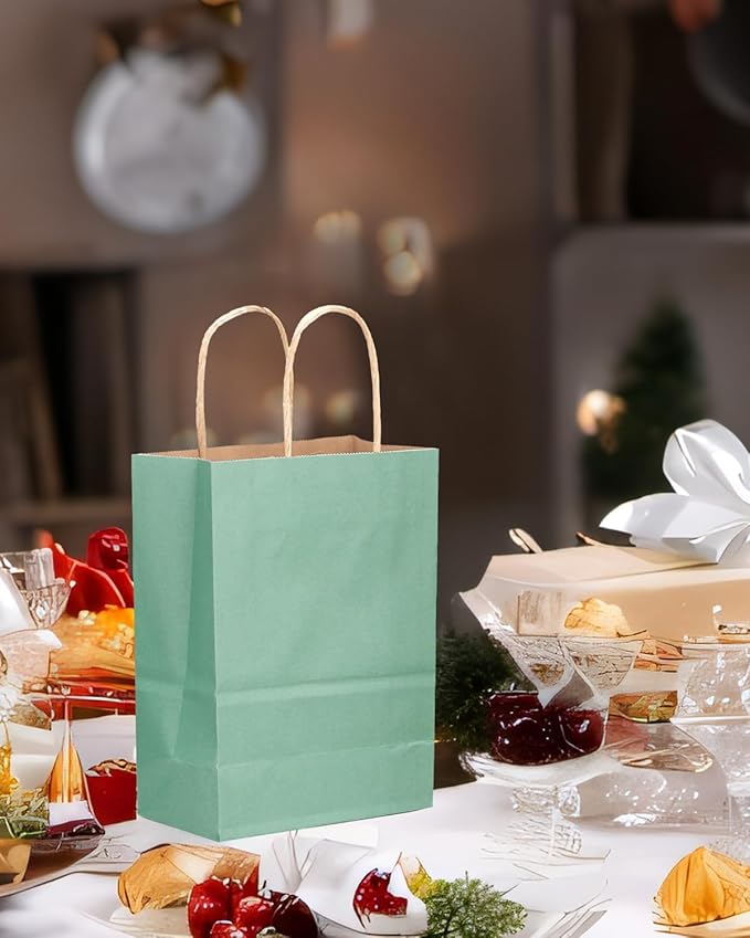 qiqee Large Kraft Paper Bags with Handles 13"x10"x5" 32 pcs Gift Paper Bag Light Blue Solid Color Bags(Large Size)