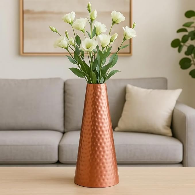 Copper Finish Iron Hammered Cone Flower Vase, 17β³ H Rustic Modern Decorative Vase for Dried Flowers & Home DΓ©cor