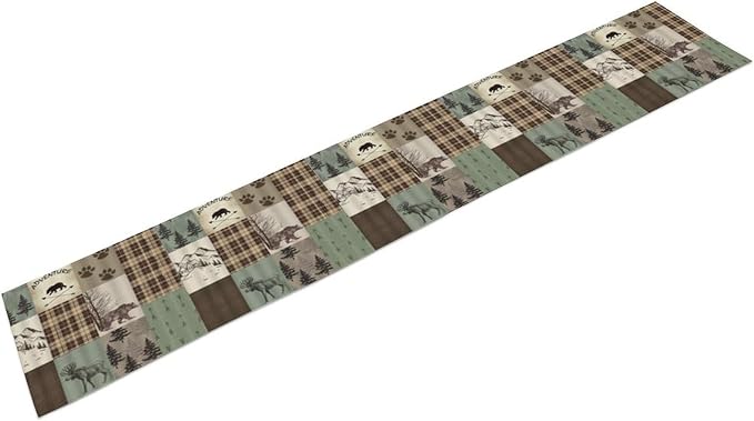 Rustic Moose Deer Bear Table Runner, Retro Vintage Bear Cottage Country Style Cabin Farmhouse Dinner Runner for Home Kitchen Dining Table Decoration 13"x60"