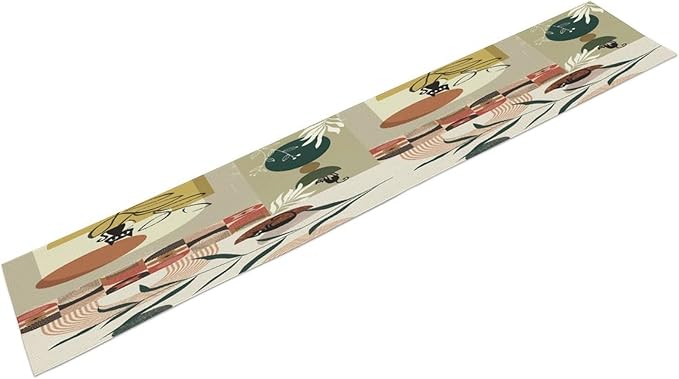 Mid Century Table Runner,Abstract Boho Plant Leaf Botanical Cat Modern Geometric Pattern Print Burlap for Hotel Indoors Outdoor Dining Room Kitchen Home Decor, 13x90in