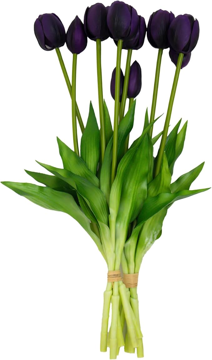 10 Pack Real Touch Tulips Artificial Flowers, 15.7 Inch Bendable Latex Tulips - No Maintenance Faux Flowers for Vase, Home Decor, Wedding Centerpiece (Purple)