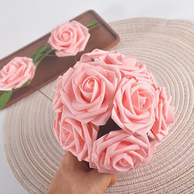 homEdge Artificial Rose, 25pcs Foam Artificial Flowers with Stem for Home Decorations, Wedding Bouquets, Party, Certerpieces, Anniversaries-Blush