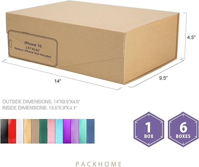 PACKHOME 6 Large Gift Boxes with Lids 13.5x9x4.1 Inches, Sturdy Collapsible Gift Boxes with Magnetic Closure (Kraft)