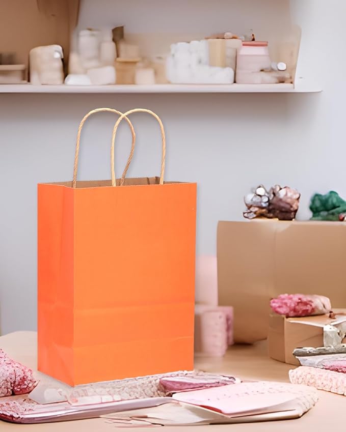 qiqee Large Kraft Paper Bags with Handles 13"x10"x5" 32pcs Gift Paper Bag Orange Solid Color Bags(Large Size)