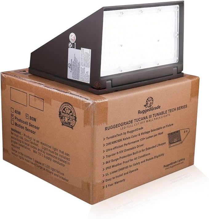 RuggedGrade 80W - Tucana III TunableTech Series - 11,200 Lumens - LED Wall Pack Light with Photocell - Color Selectable 3000K/4000K/5000K - Outdoor LED Light - DLC 5.1 Premium