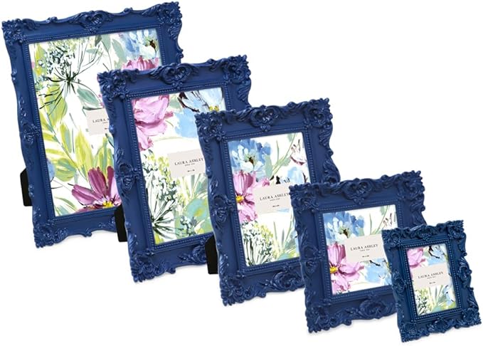 Laura Ashley Ornate Textured Hand-Crafted Resin Picture Frame with Easel & Hook for Tabletop & Wall Display, Decorative Floral Design Home Décor, Photo Gallery, Art, More (4x4, Navy)