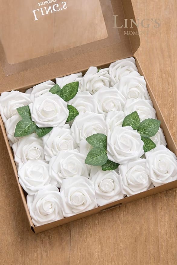 Ling's moment Artificial Flowers 50Pcs White Roses Decor w/Stems,3" Real Touch DIY Foam Floral for Wedding Bouquet/Centerpieces, Outdoors Party Backdrop, Room/Table, and Garden/Pot Decorations