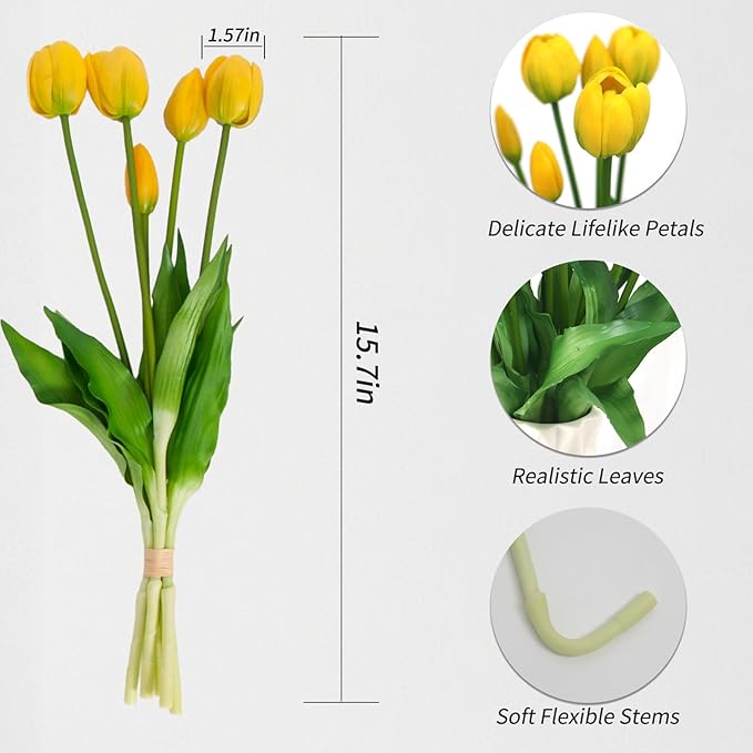 10 Pack Real Touch Tulips Artificial Flowers, 15.7 Inch Bendable Latex Tulips - No Maintenance Faux Flowers for Vase, Home Decor, Wedding Centerpiece (Yellow)