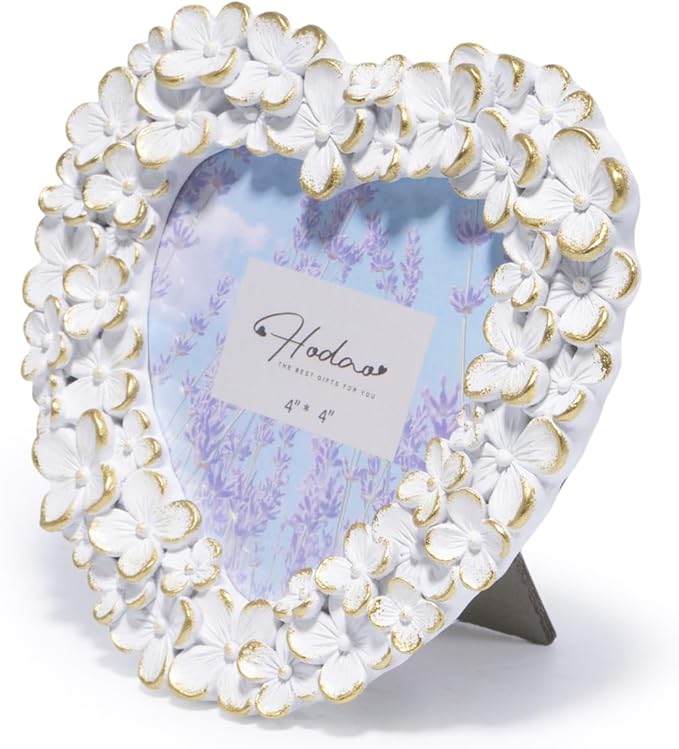 Hodao 4x4 Inch 3D Floral Heart Shaped Frame - Hand-Crafted Resin Picture Frame with White & Gold Accents for Wedding, Valentine’s Day & Romantic Home Decor (White Gold-Heart)