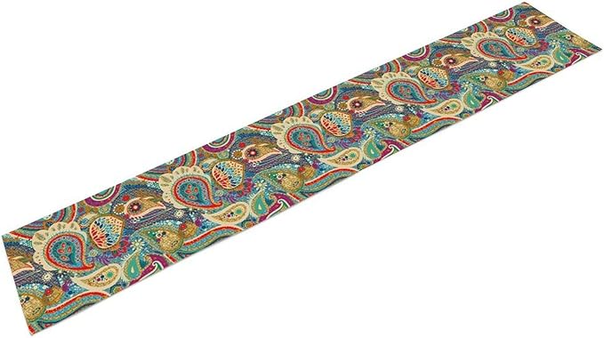 Boho Paisley Table Runner, Colorful Indian Mandala Floral Golden Aeccent Bohemian Style Table Runnner for Kitchen Dining Holiday Party Decoration, 13x120 Inch