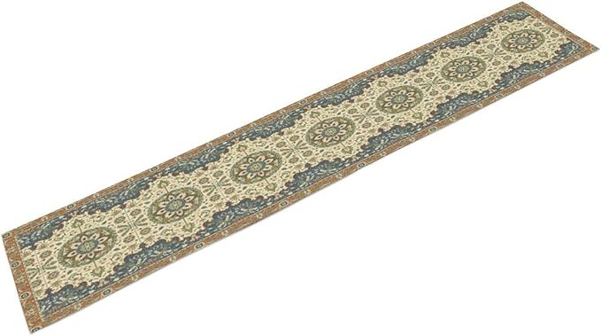 Boho Bohemian Table Tunner, Vintage Neutral Traditional Mandala Floral Blue Beige Medallion Table Runner for Kitchen Dining Outdoor Indoor Home Decor, 13x108 Inch