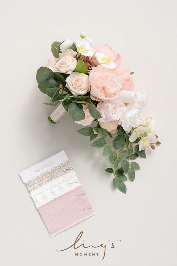 Ling's moment Blush Bridal Bouquet Cascading, Pink Wedding Bouquets for Bride, 13 Inch Bride Bouquets for Wedding Artificial Flowers Bouquets
