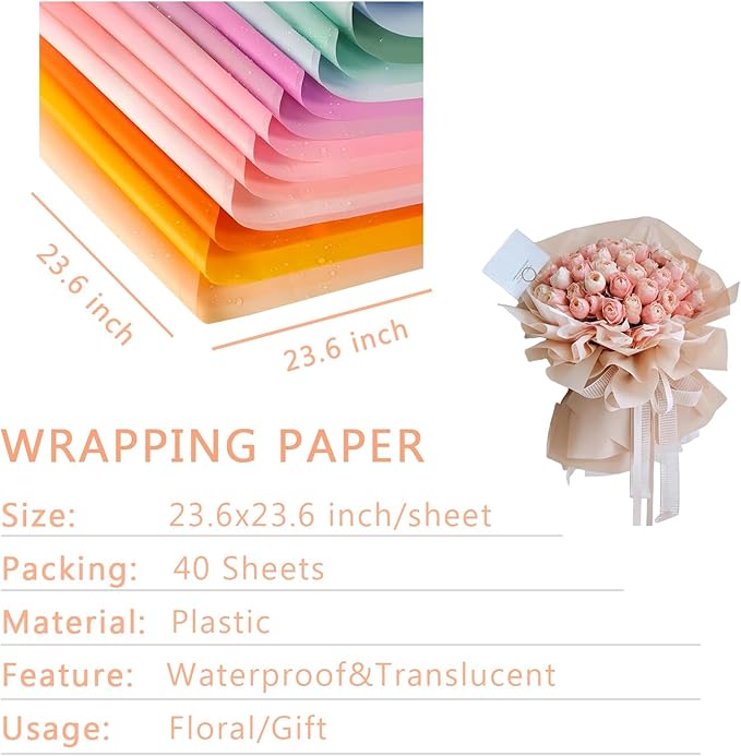 BBJ WRAPS 40 Waterproof Flower Wrapping Paper, for Florist Durable Bouquet Wrapping Paper for Floral Arrangements on Valentine's Day, Mother's Day, 22.8x22.8 Inch (Champagne)