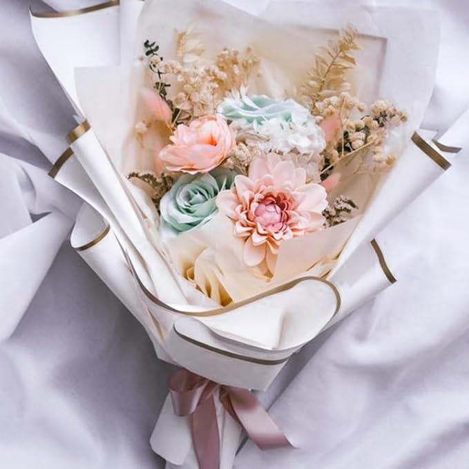 WRAPAHOLIC 20 Sheets Flower Wrapping Paper - 22.4 x 22.4 inch White with Gold Edge Water-Resistant Floral Bouquet Wrapping Paper, Florist Supplies Packaging Paper for Wedding Birthday Gift DIY