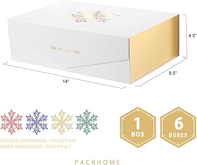 PACKHOME Large Christmas Gift Box 13.5x9x4.1 Inches, Sturdy Collapsible Gift Box with Magnetic Closure Lid (Gold Snowflake Pattern)