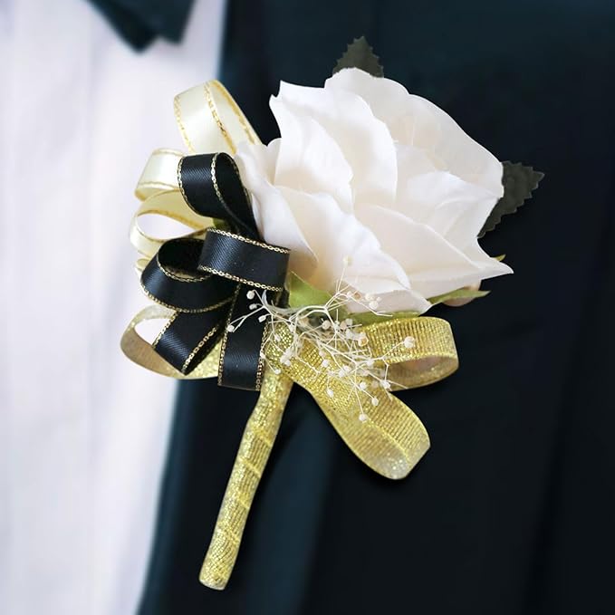 Aimto Ivory Rose and Black Wrist Corsage and Boutonniere Set for Wedding Flower Accessories Prom Suits