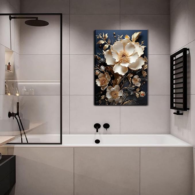 3D Abstract Flower Canvas Wall Art White Floral Texture Poster Prints Serene Blossoms Wall decor pictures for Bedroom and Bathroom Home Decorations Framed(16inx24in Canvas)