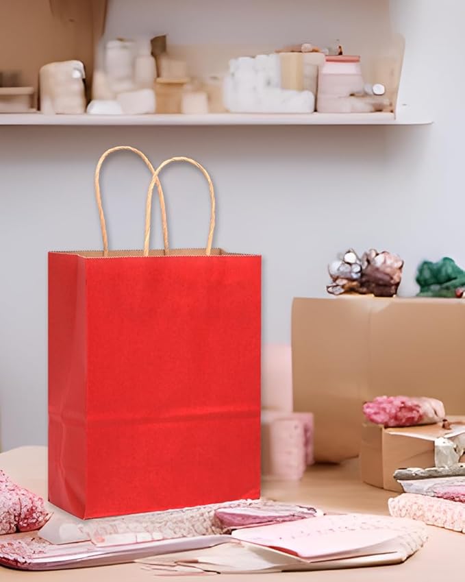 qiqee Large Kraft Paper Bags with Handles 13"x10"x5" 32 pcs Gift Paper Bag Wine Red Solid Color Bags(Large Size)