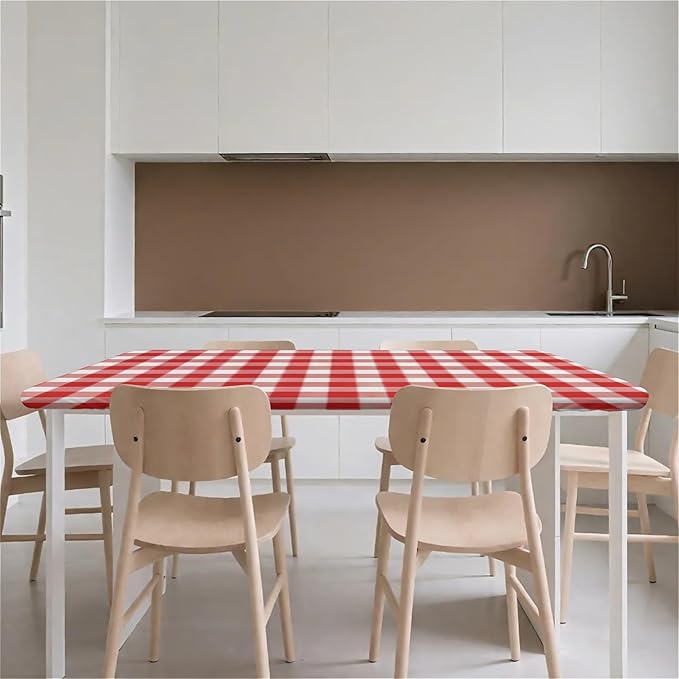 Rectangle Table Cloth Cover Waterproof Elastic Fitted Polyester Fitted Tablecloths for 6 Foot Tables for Indoor,Picnic, Camping, Outdoor (72" x 30",Red Grid)