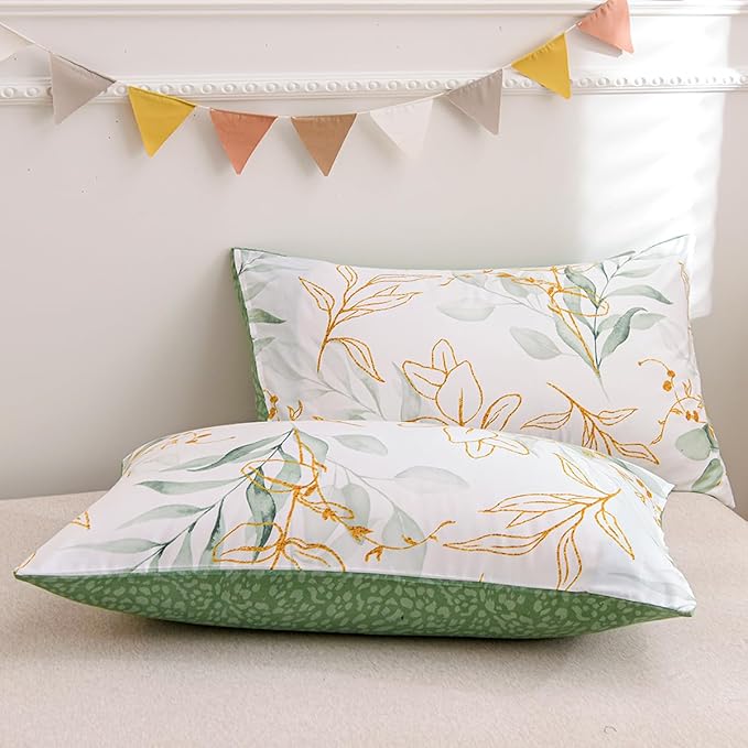Nayoroom White Floral Duvet Cover King Size Green Gold Leaves Printed Reversible Botanical Comforter Cover 3 Pieces Soft Breathable Microfiber Cottagecore Bedding Set with Zipper Closure