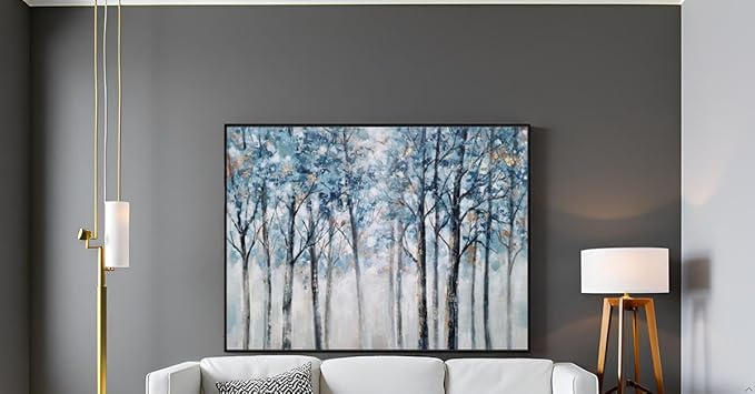 Yihui Arts Abstract Forest Wall Art Hand Painted Textured Blue Trees Canvas Painting with Gold Foil Modern Framed Artwork for Living Room Decor