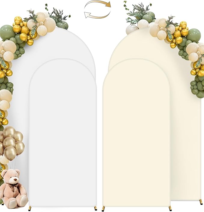 Hemmotop White and Beige Wedding Arch Backdrop Cover, Set of 2 (7.2ft, 6ft), 2 Sided Stretchy Spandex Fitted Balloon Arch Stand Backdrop for Birthday Party, Baby Shower, Double Color