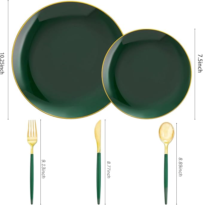 Liacere 150PCS Green Plastic Plates - Gold Plastic Silverware with Green Handle - Heavy Duty Fancy Plastic Plates Disposable Include 30 Guests Plates, Forks, Spoons, Knives for wedding&Christmas