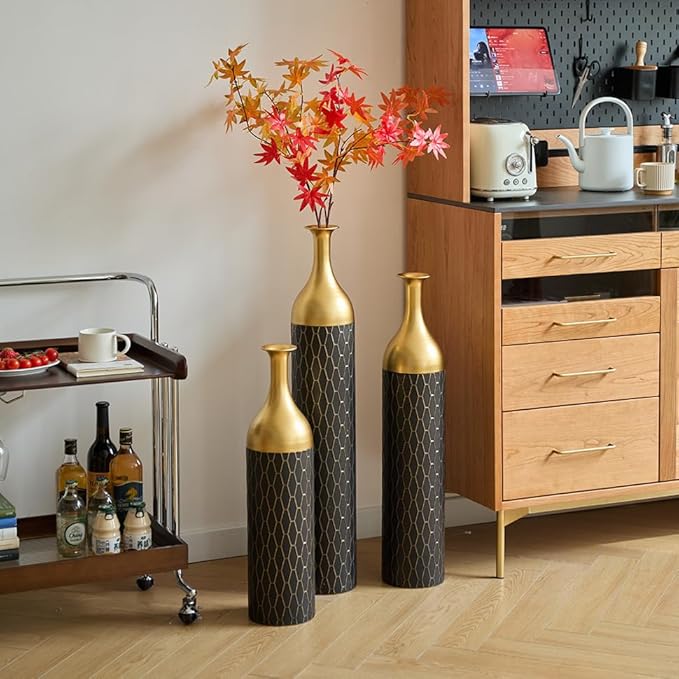 Floor Oversized Gold Metal Decorative Vase with 3D Triangle Pattern Set of 3 Large Vases for Home Living Room 33.5 ", 29.5 ", 25.2" High (Matte Black)