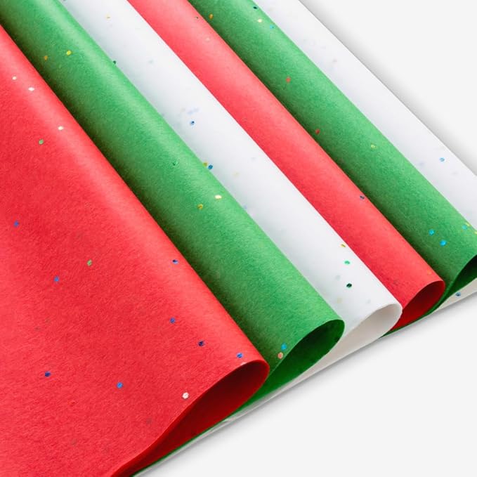 Plum Designs Christmas Tissue Paper, 20x20 inches, Red Green White Glitter, 50 Sheets (100)